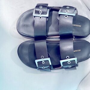 All Saints Black Double-Strap Slides with Silver Buckles